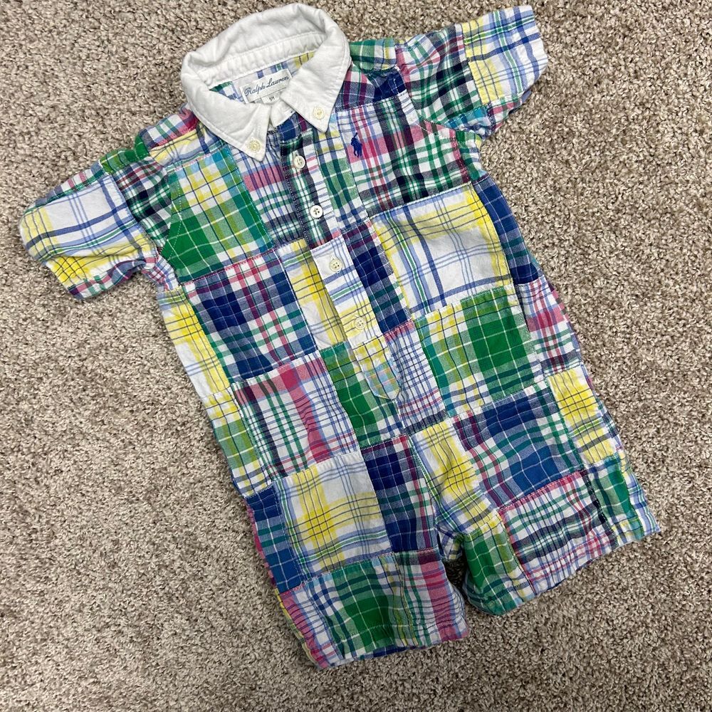Ralph Lauren Plaid Romper Collared One Piece Baby Size 9 Months (633)